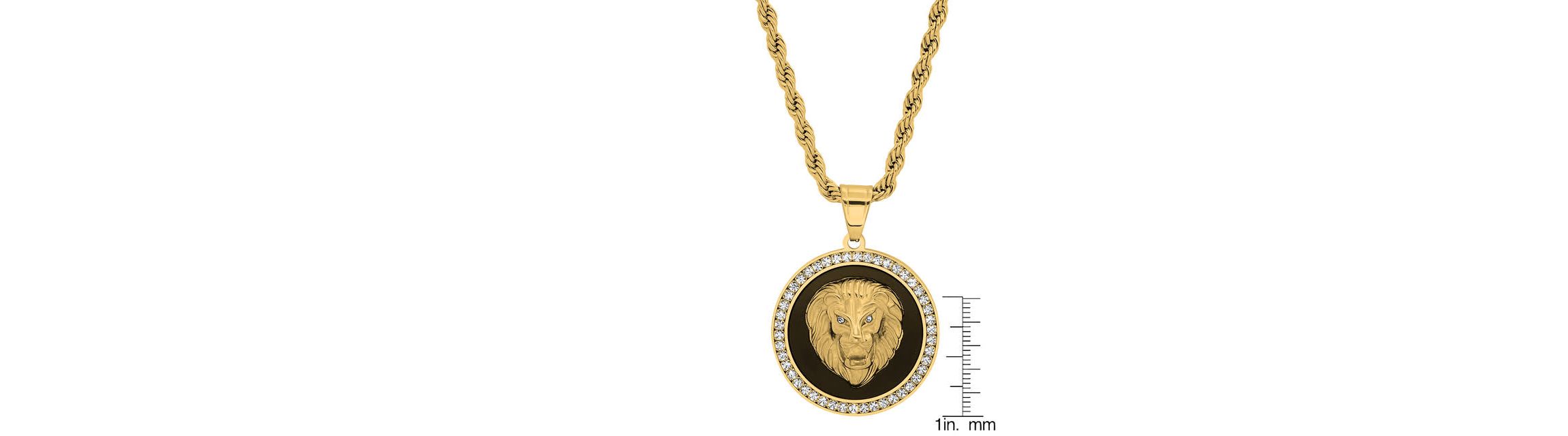 Mens 18k gold plated stainless steel, black enamel and simulated diamonds lion head round pendant