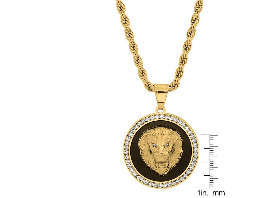 Mens 18k gold plated stainless steel, black enamel and simulated diamonds lion head round pendant