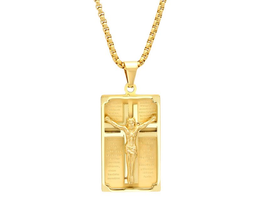 Mens 18k gold plated stainless steel crucifix padre nuestro prayer frame pendant