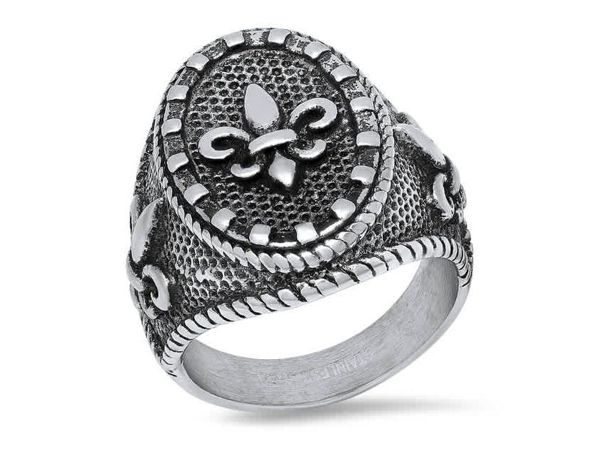 Mens oxidized stainless steel fleur de lis ring
