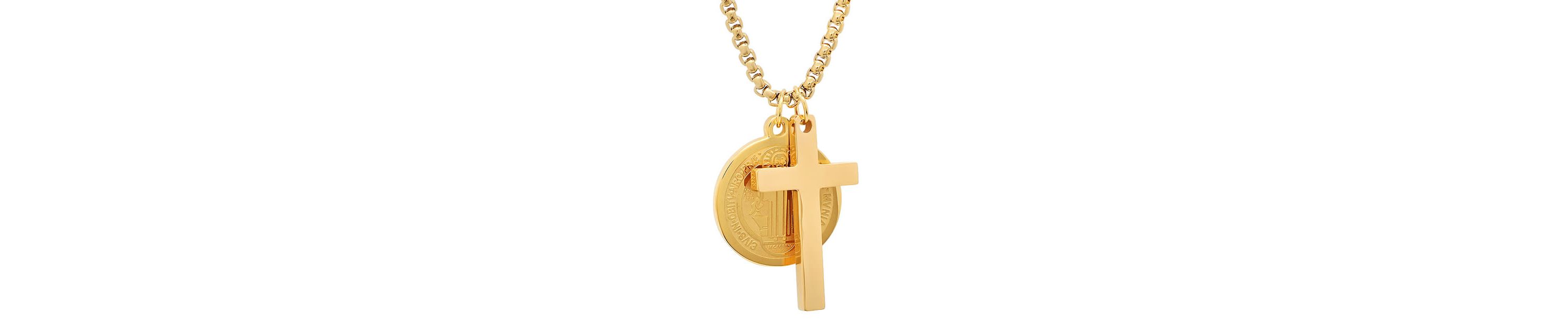 18k gold plated stainless steel cross and St. Benedict religious pendant