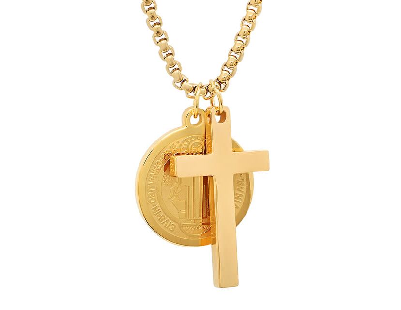 18k gold plated stainless steel cross and St. Benedict religious pendant