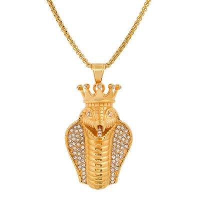 STEELTIME Men's 18k gold plated stainless steel and simulated diamonds cobra king snake pendant