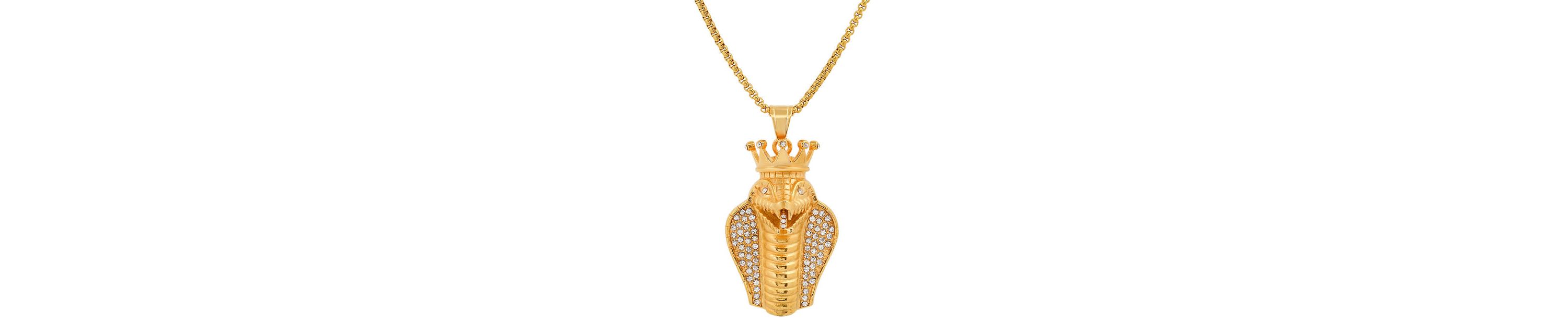 Mens 18k gold plated stainless steel and simulated diamonds cobra king snake pendant