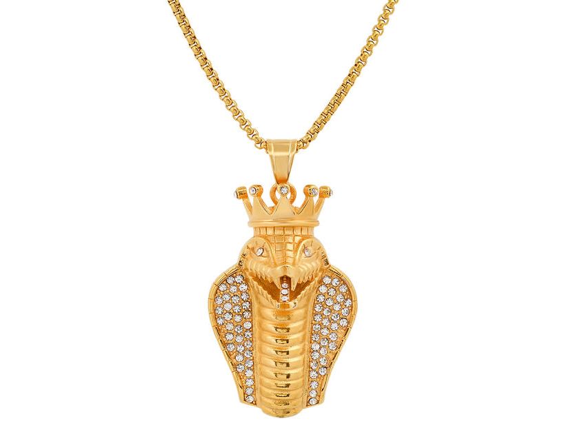 Mens 18k gold plated stainless steel and simulated diamonds cobra king snake pendant
