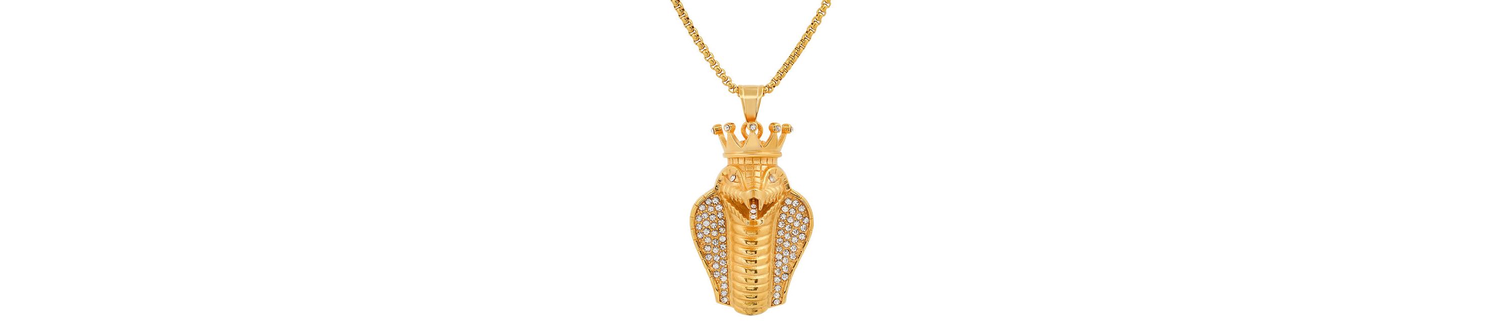Mens 18k gold plated stainless steel and simulated diamonds cobra king snake pendant