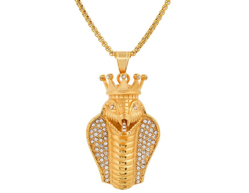Mens 18k gold plated stainless steel and simulated diamonds cobra king snake pendant