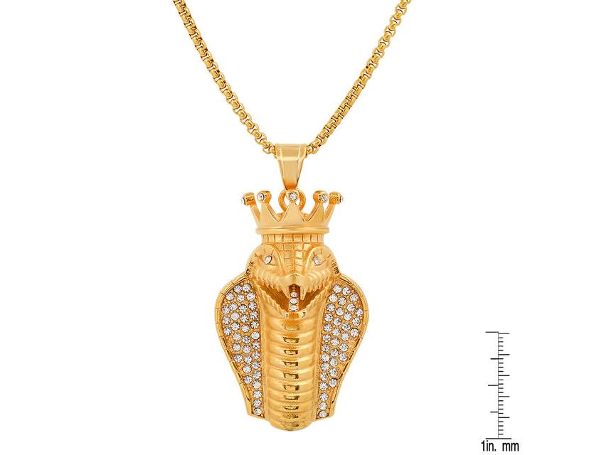 Mens 18k gold plated stainless steel and simulated diamonds cobra king snake pendant