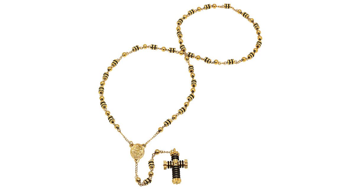 Mens 18k gold plated stainless steel and black rubber rosary necklace