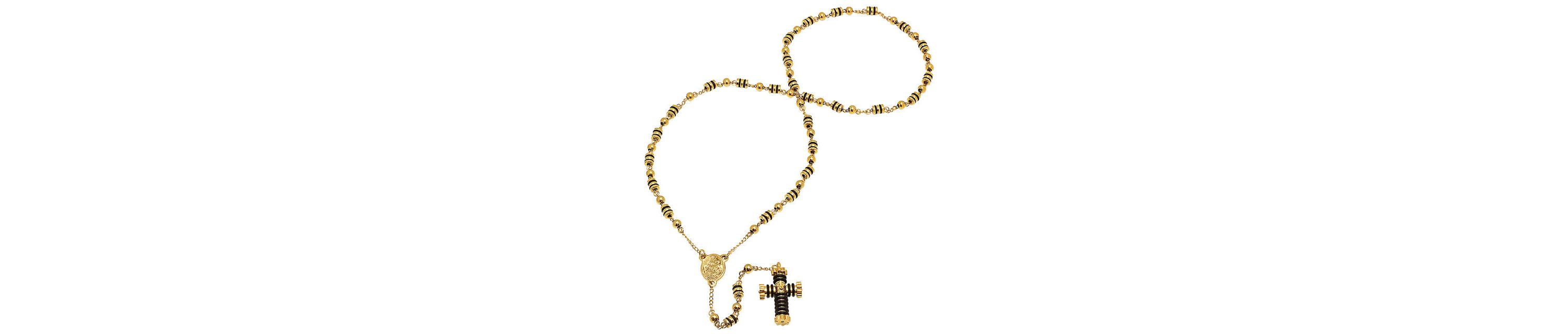 Mens 18k gold plated stainless steel and black rubber rosary necklace