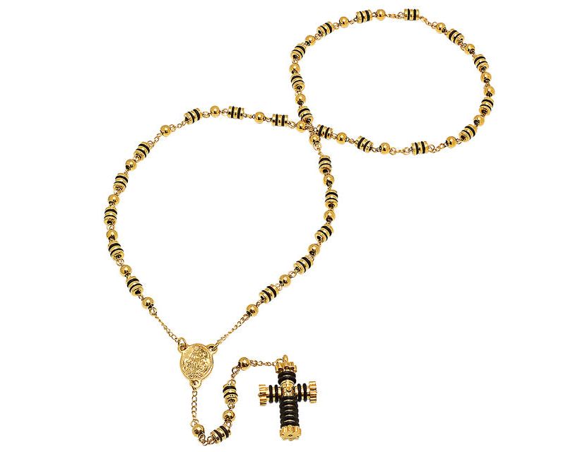 Mens 18k gold plated stainless steel and black rubber rosary necklace
