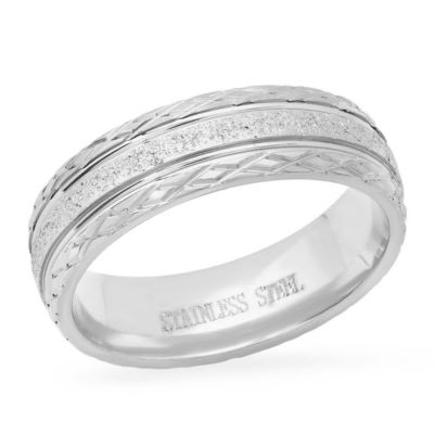 STEELTIME Men's 18k gold plated stainless steel with glittery inlay and diamond cut edge band ring, Silver, 11