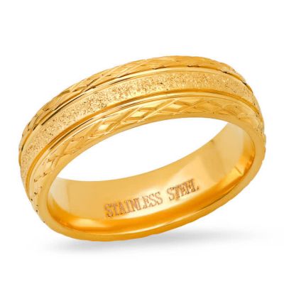 STEELTIME Men's 18k gold plated stainless steel with glittery inlay and diamond cut edge band ring