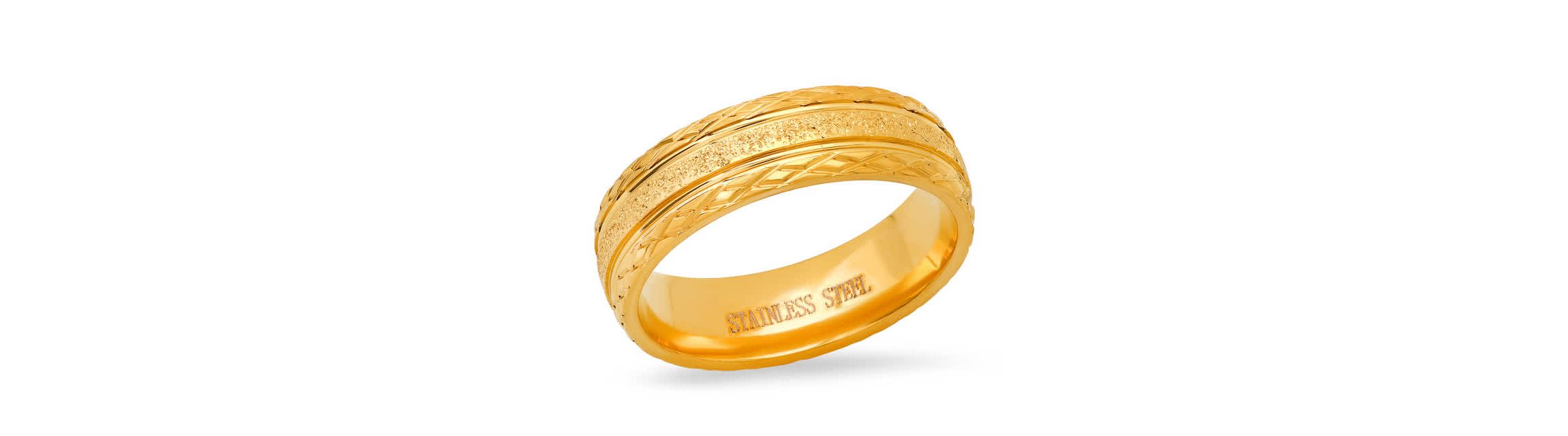 Mens stainless steel with glittery inlay and diamond cut edge band ring