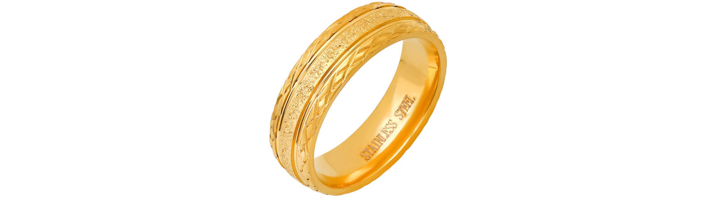 Mens stainless steel with glittery inlay and diamond cut edge band ring