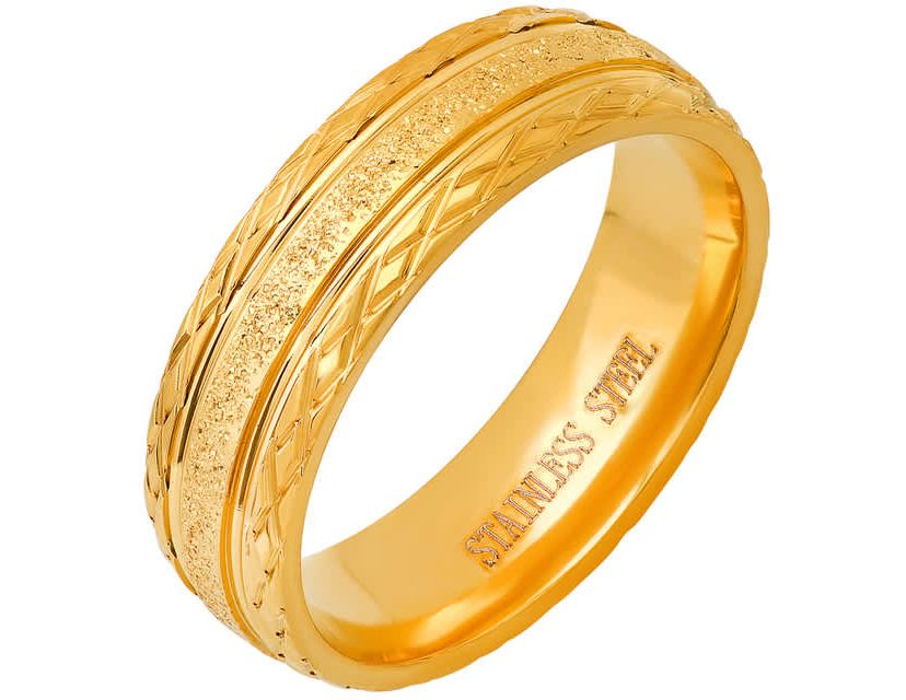 Mens stainless steel with glittery inlay and diamond cut edge band ring