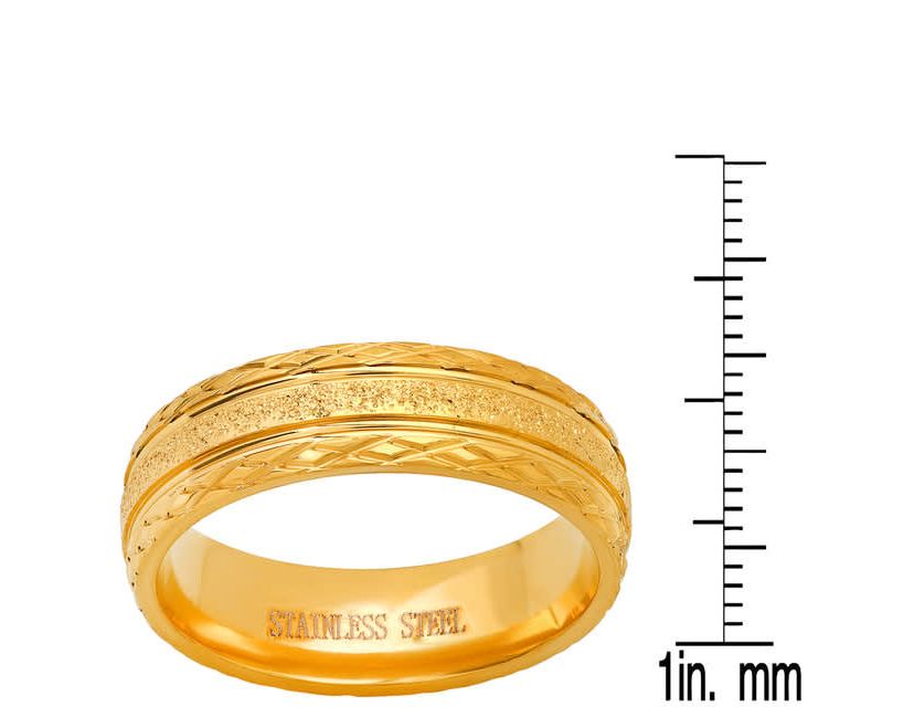 Mens stainless steel with glittery inlay and diamond cut edge band ring