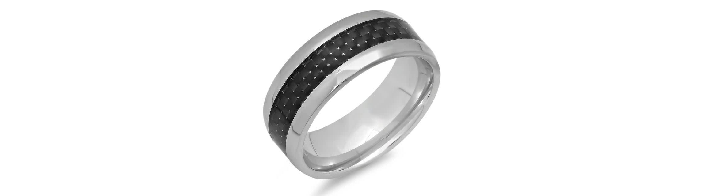 Mens stainless steel black carbon fiber ring