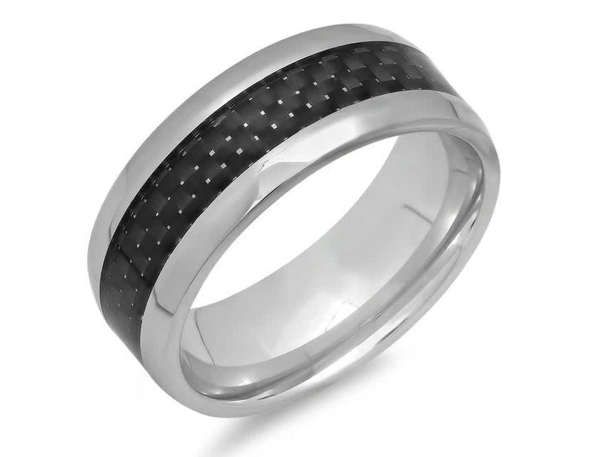 Mens stainless steel black carbon fiber ring