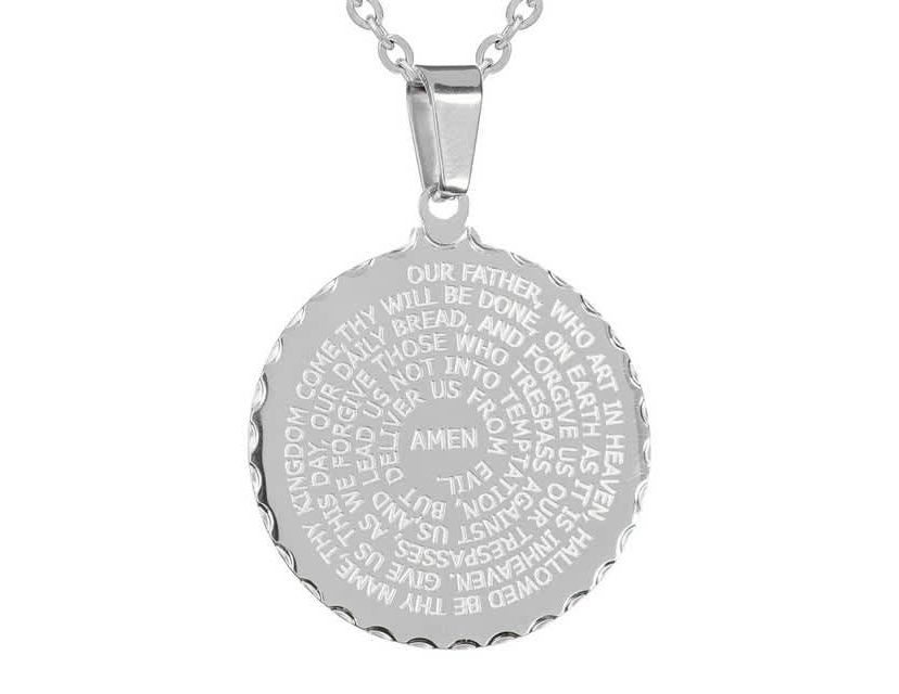 stainless steel Our Father english prayer round pendant