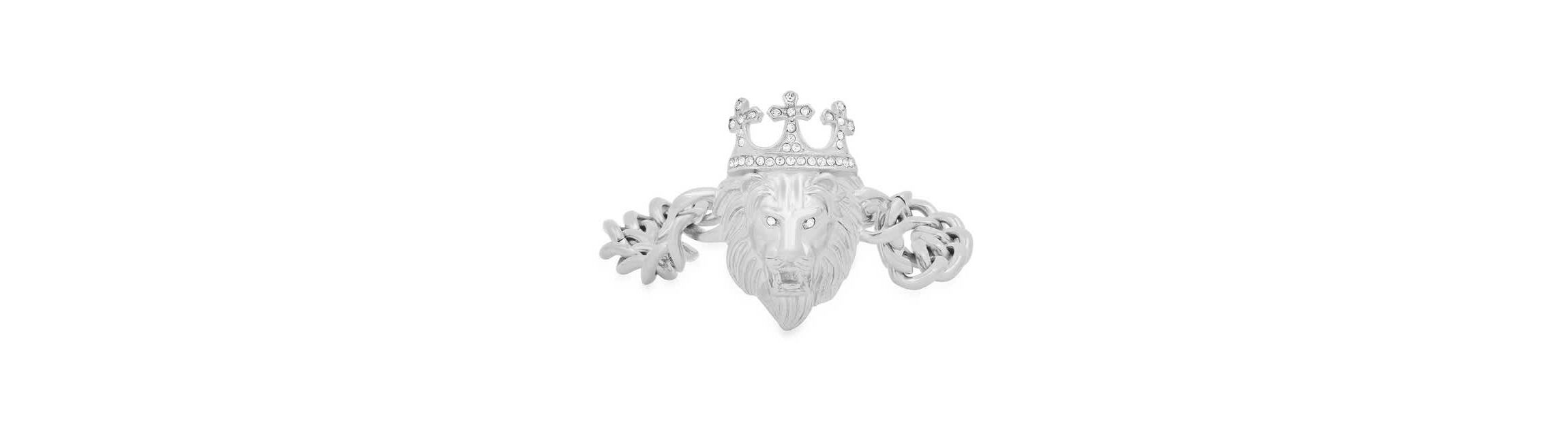 Mens stainless steel cuban link and simulated diamonds lion head & crown bracelet
