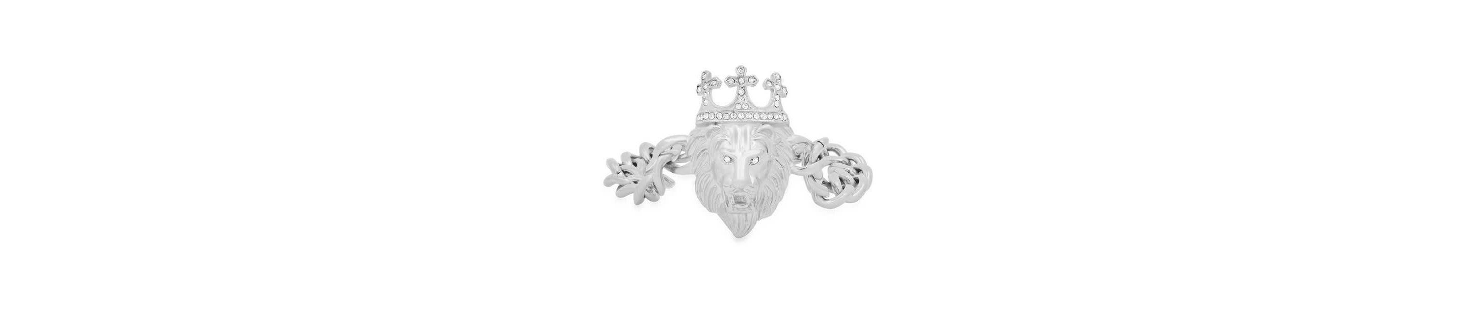 Mens stainless steel cuban link and simulated diamonds lion head & crown bracelet