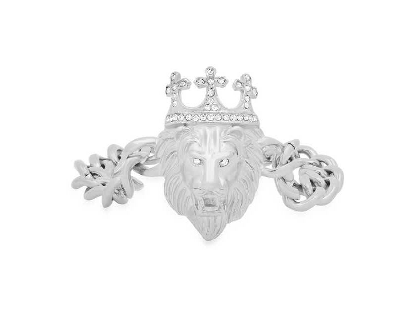 Mens stainless steel cuban link and simulated diamonds lion head & crown bracelet