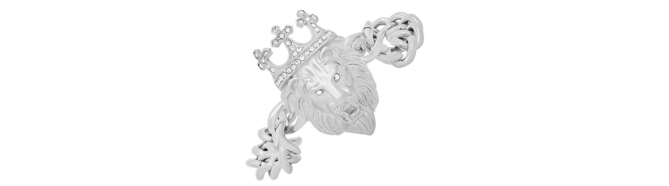 Mens stainless steel cuban link and simulated diamonds lion head & crown bracelet
