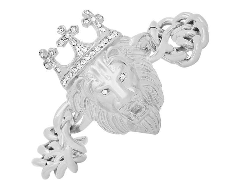 Mens stainless steel cuban link and simulated diamonds lion head & crown bracelet