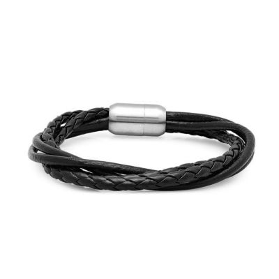 STEELTIME Men's 8" genuine leather wrap bracelet in black