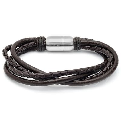 STEELTIME Men's 8" genuine leather wrap bracelet in black