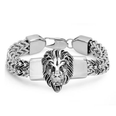 STEELTIME Men's 18k gold plated stainless steel lion head box chain bracelet, Silver