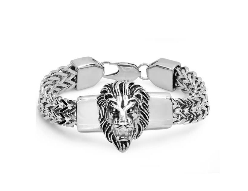 Mens 18k gold plated stainless steel lion head box chain bracelet