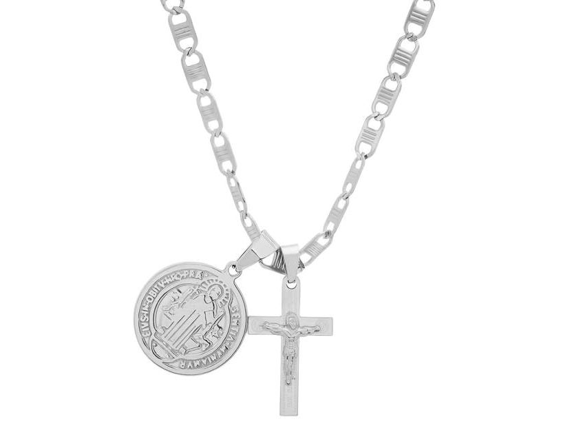 Mens 18k gold plated stainless steel St. Benedict and cross pendant
