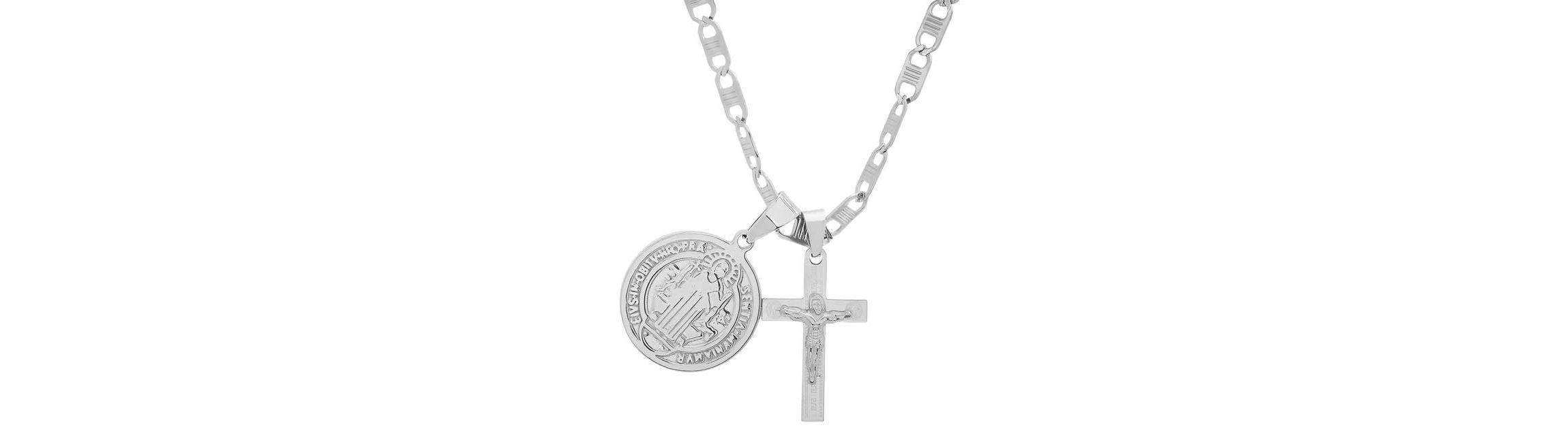 Mens 18k gold plated stainless steel St. Benedict and cross pendant