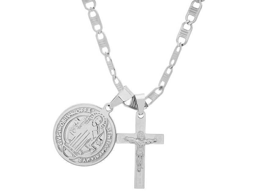 Mens 18k gold plated stainless steel St. Benedict and cross pendant