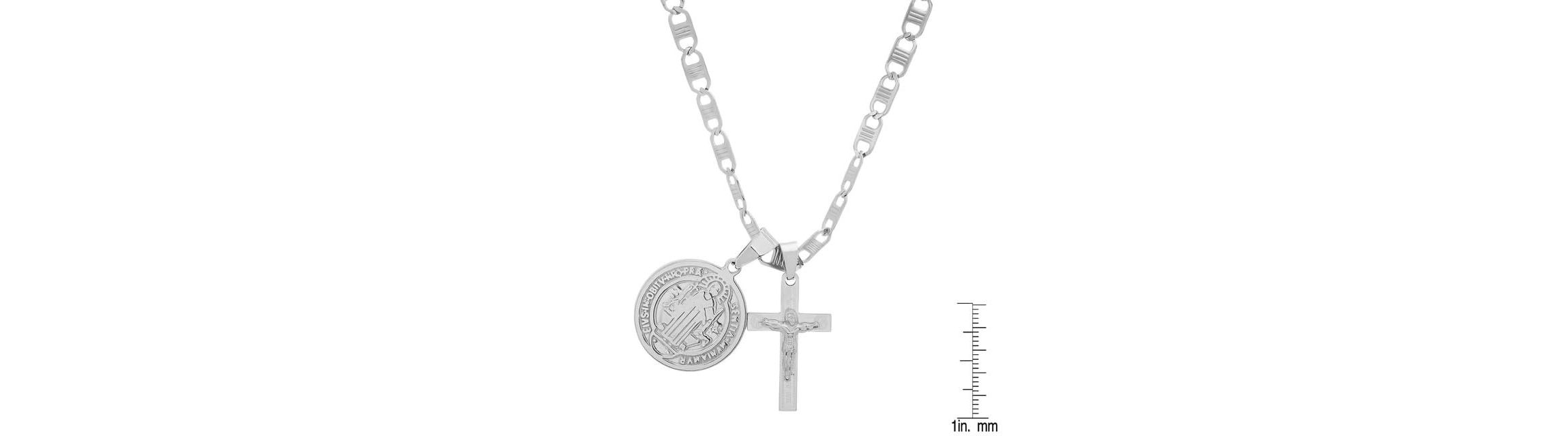 Mens 18k gold plated stainless steel St. Benedict and cross pendant