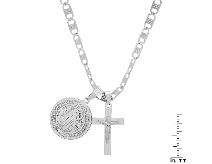 Mens 18k gold plated stainless steel St. Benedict and cross pendant