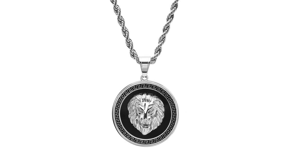 Mens  stainless steel simulated diamond lion head on greek key mount pendant necklace