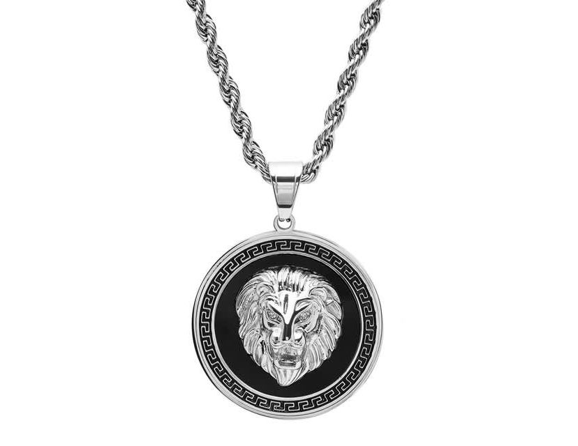 Mens  stainless steel simulated diamond lion head on greek key mount pendant necklace