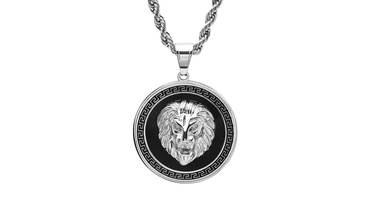 Mens  stainless steel simulated diamond lion head on greek key mount pendant necklace