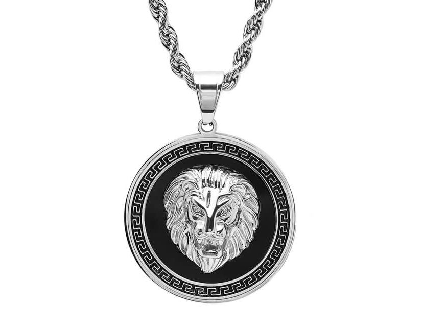 Mens  stainless steel simulated diamond lion head on greek key mount pendant necklace
