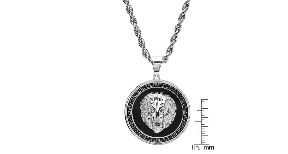 Mens  stainless steel simulated diamond lion head on greek key mount pendant necklace