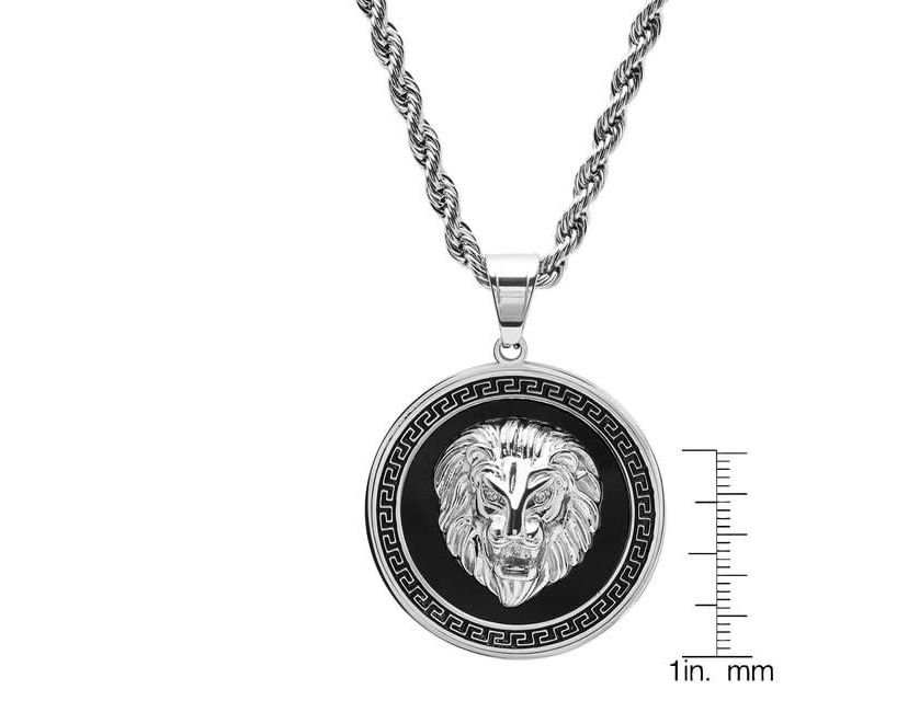 Mens  stainless steel simulated diamond lion head on greek key mount pendant necklace