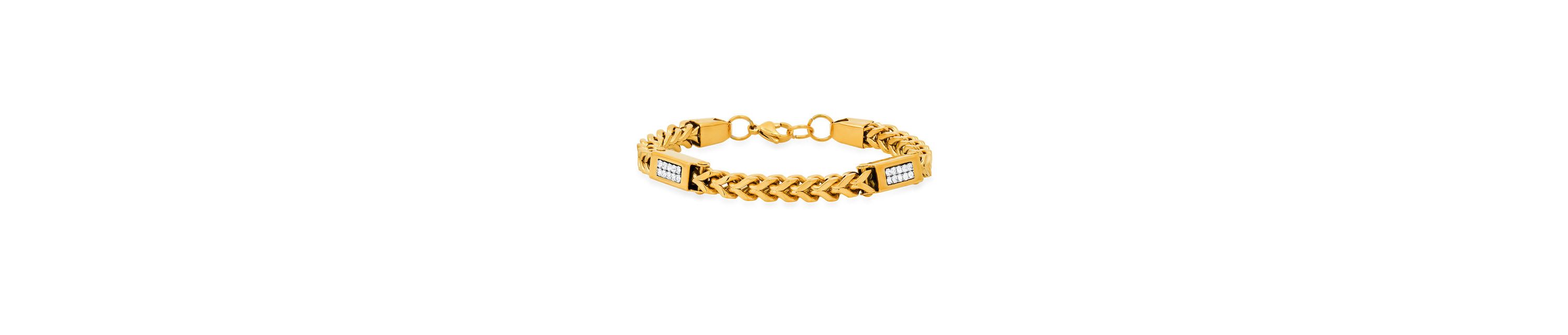 Mens 18k gold plated stainless steel wheat chain and simulated diamonds link bracelet