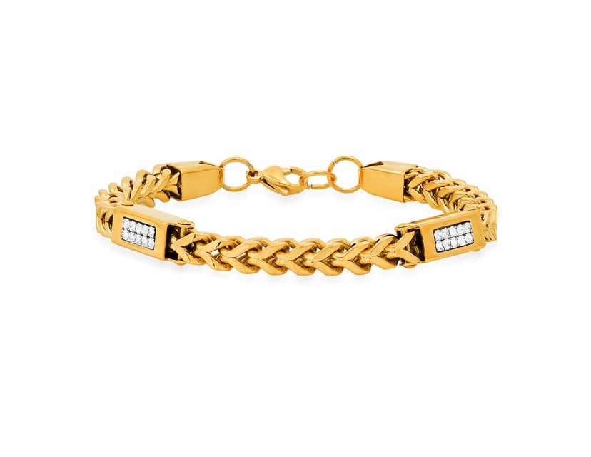 Mens 18k gold plated stainless steel wheat chain and simulated diamonds link bracelet