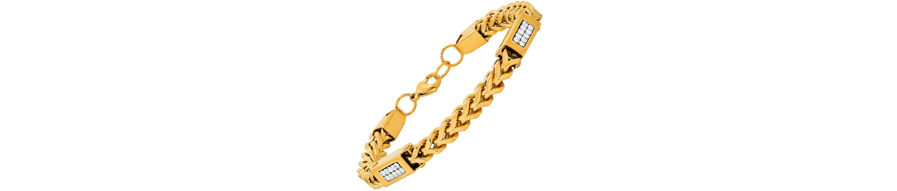 Mens 18k gold plated stainless steel wheat chain and simulated diamonds link bracelet