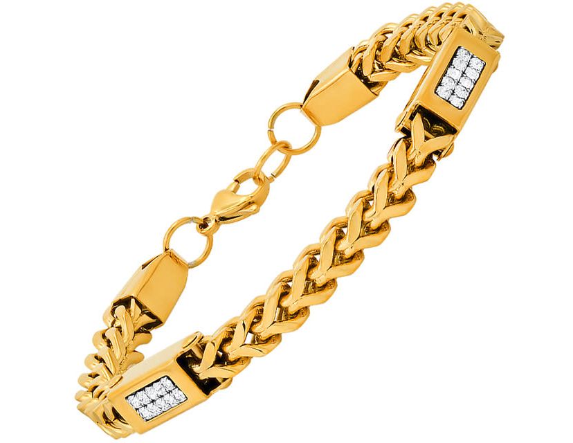 Mens 18k gold plated stainless steel wheat chain and simulated diamonds link bracelet