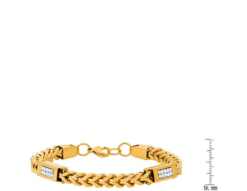 Mens 18k gold plated stainless steel wheat chain and simulated diamonds link bracelet