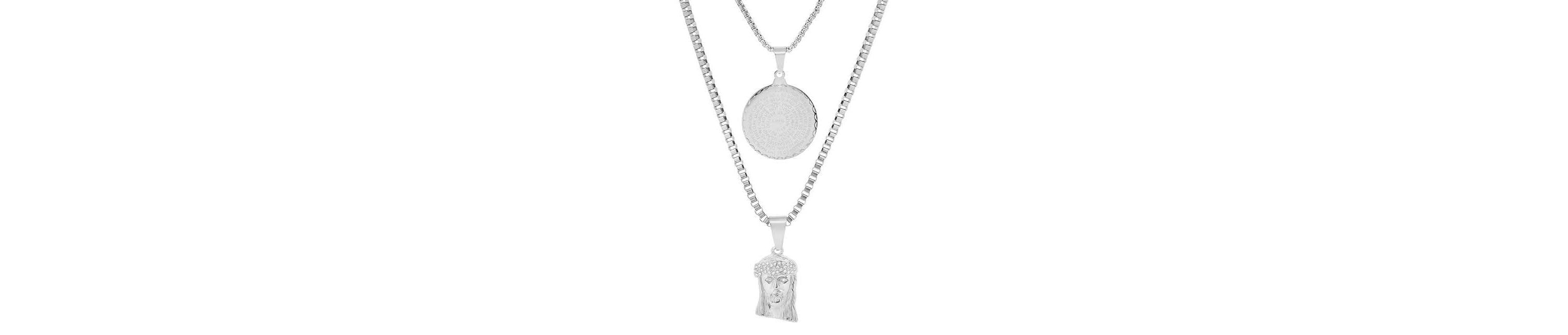 Mens 18k gold plated stainless steel double layered round and box chain with Lords prayer round and Jesus face with simulated diamonds pendants